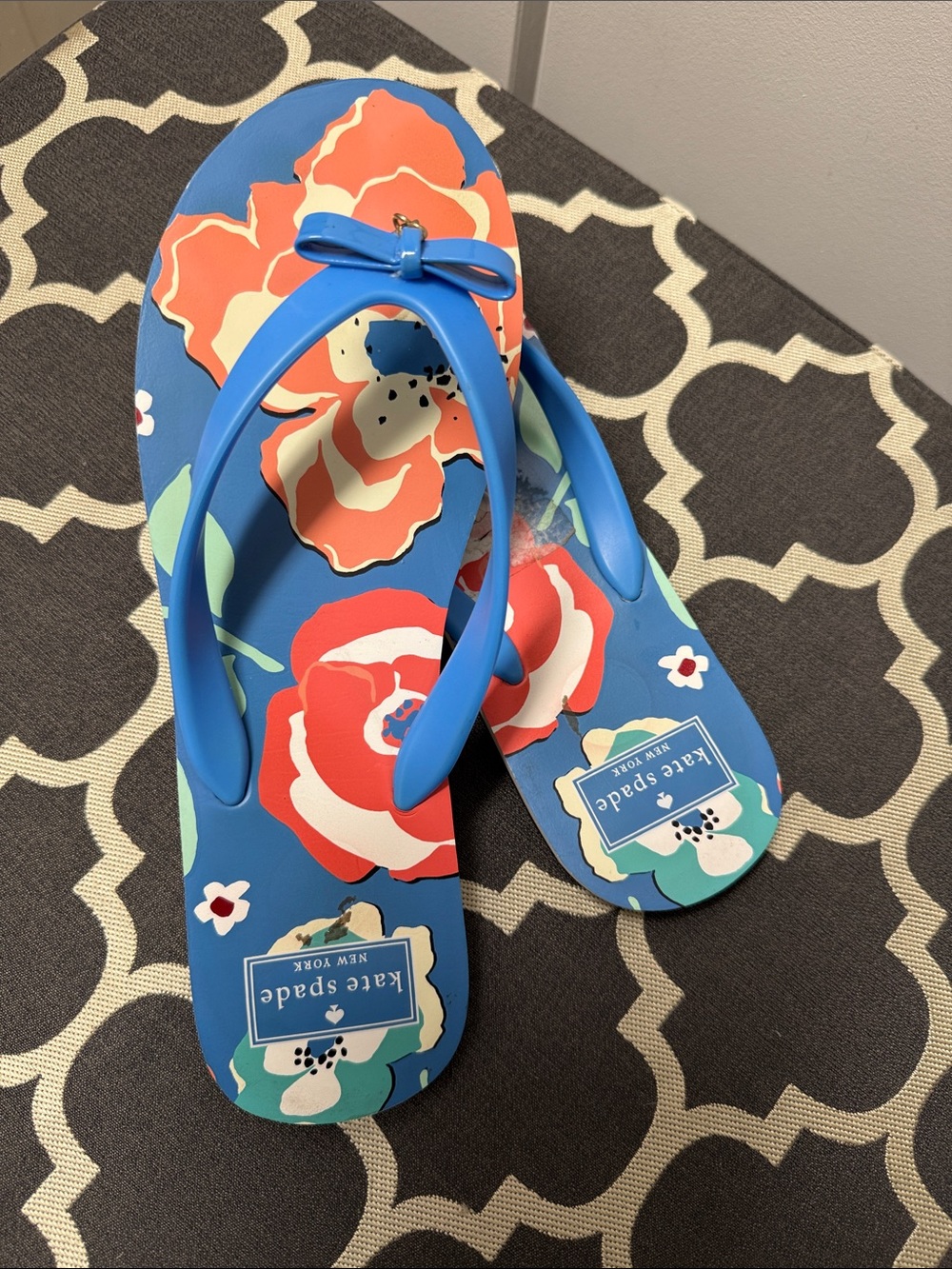 kate spade blue floral flip flops with coral bows